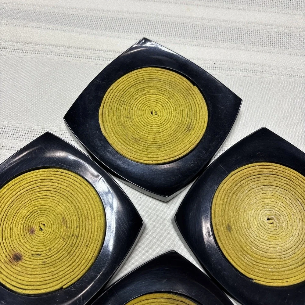 Vintage MCM Mid Century Set of 6 Plastic Drink Coasters Black Yellow
